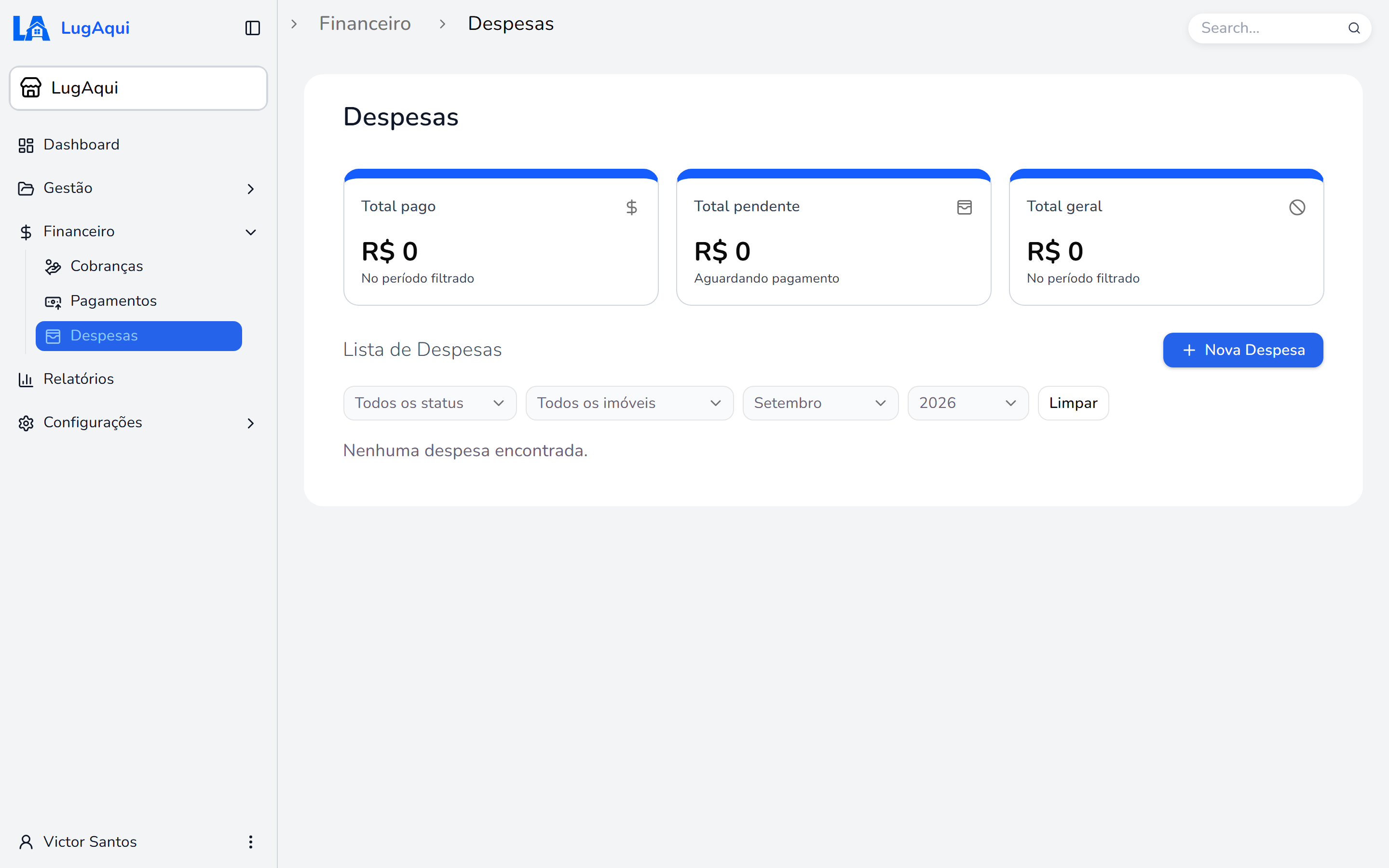 Tela de despesas do LugAqui, com a lista de despesas lançadas