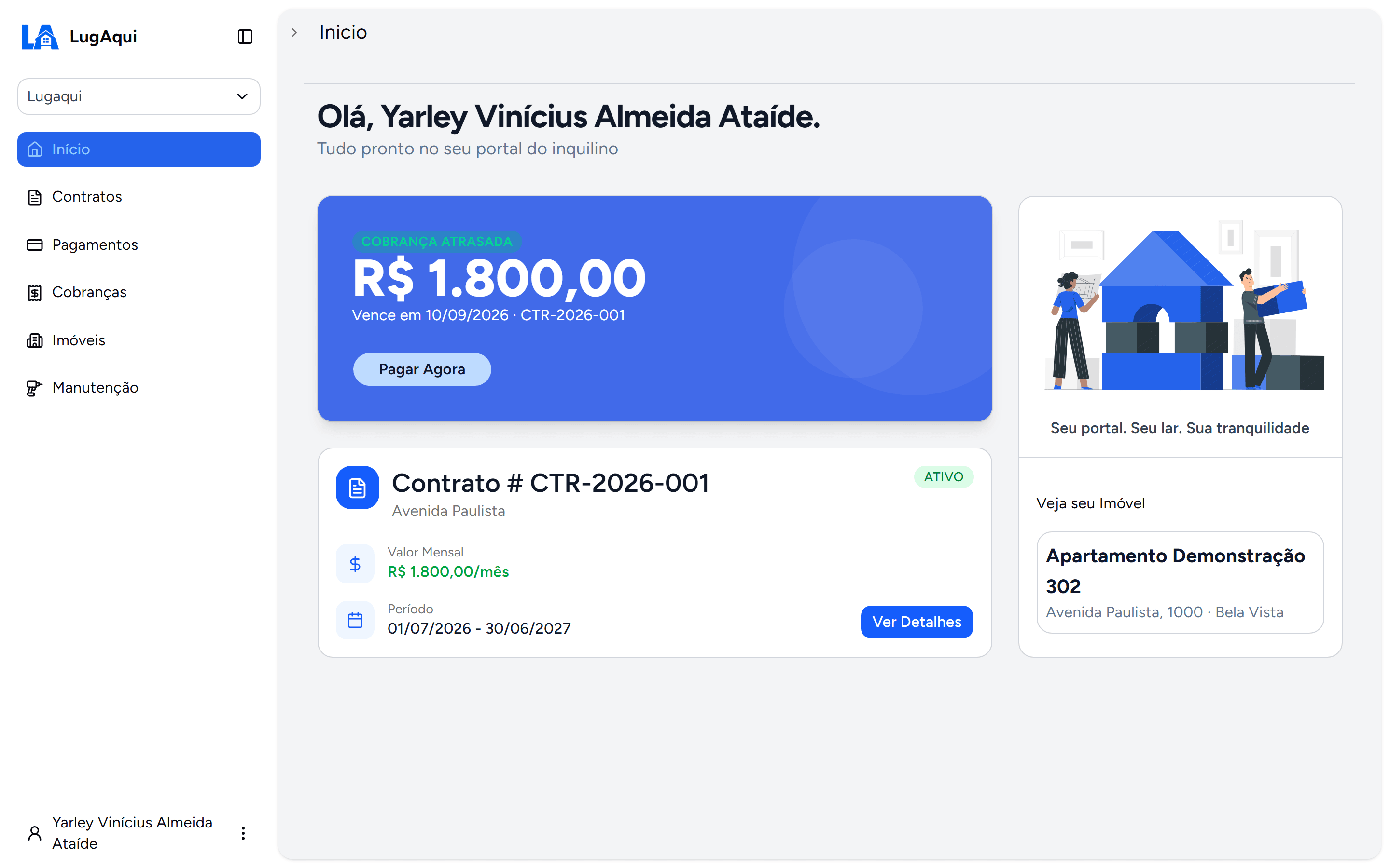 Tela inicial do Portal do Inquilino do LugAqui, com a cobrança em aberto e o botão Pagar Agora, o contrato ativo e os dados do imóvel alugado