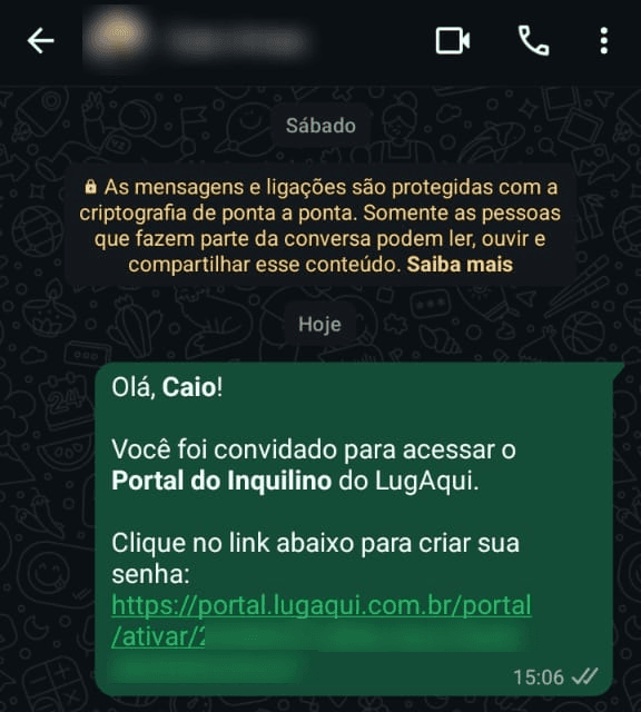 Mensagem de WhatsApp enviada pelo LugAqui convidando o inquilino a acessar o Portal do Inquilino e criar sua senha