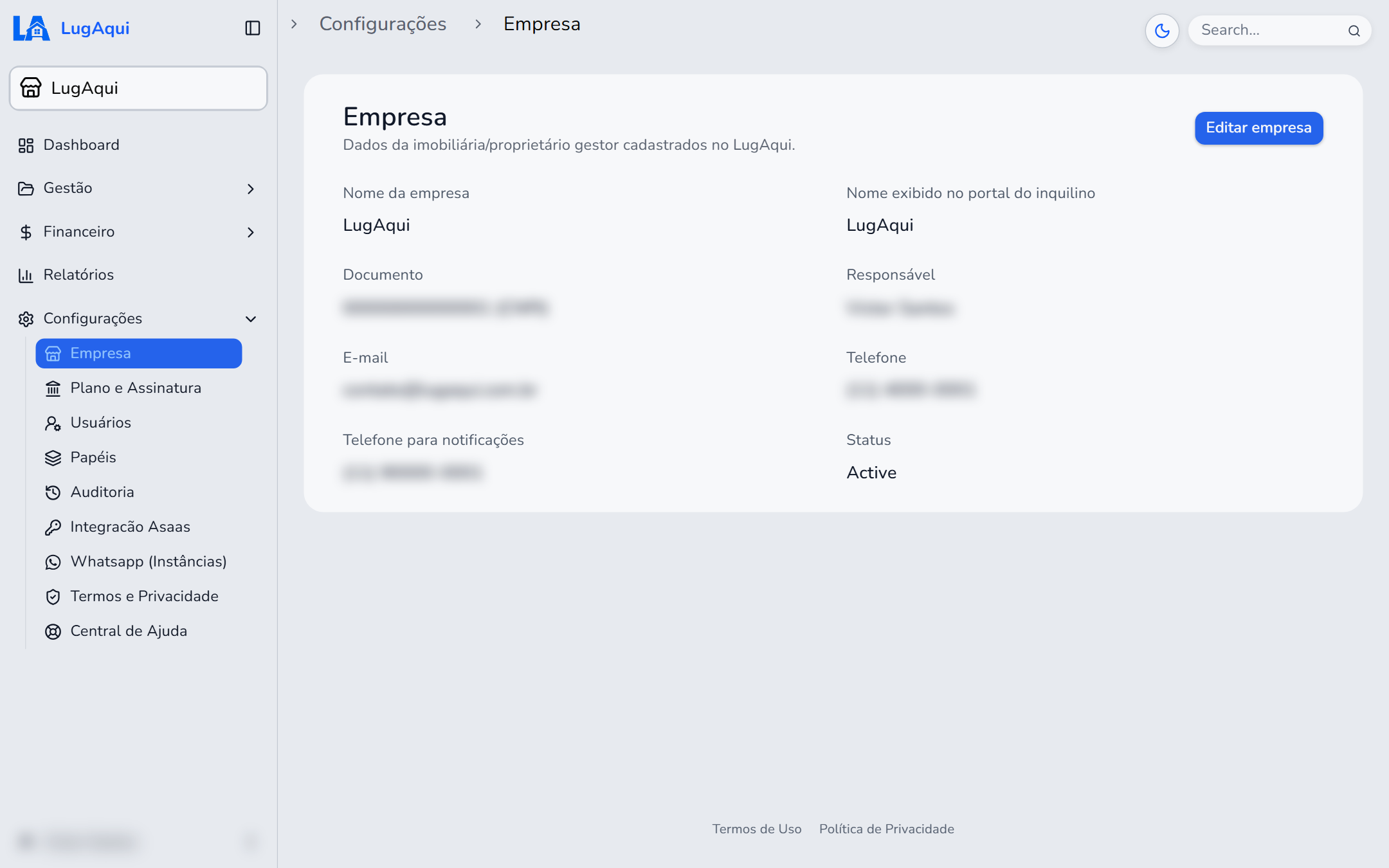 Tela Configurações > Empresa do LugAqui, com os dados da empresa e o botão Editar empresa