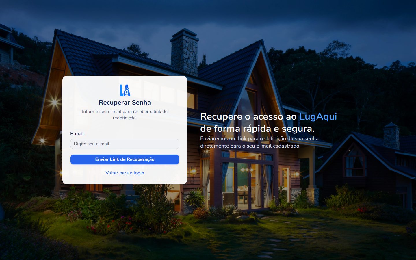 Tela Recuperar Senha do LugAqui, com o campo de e-mail e o botão Enviar Link de Recuperação