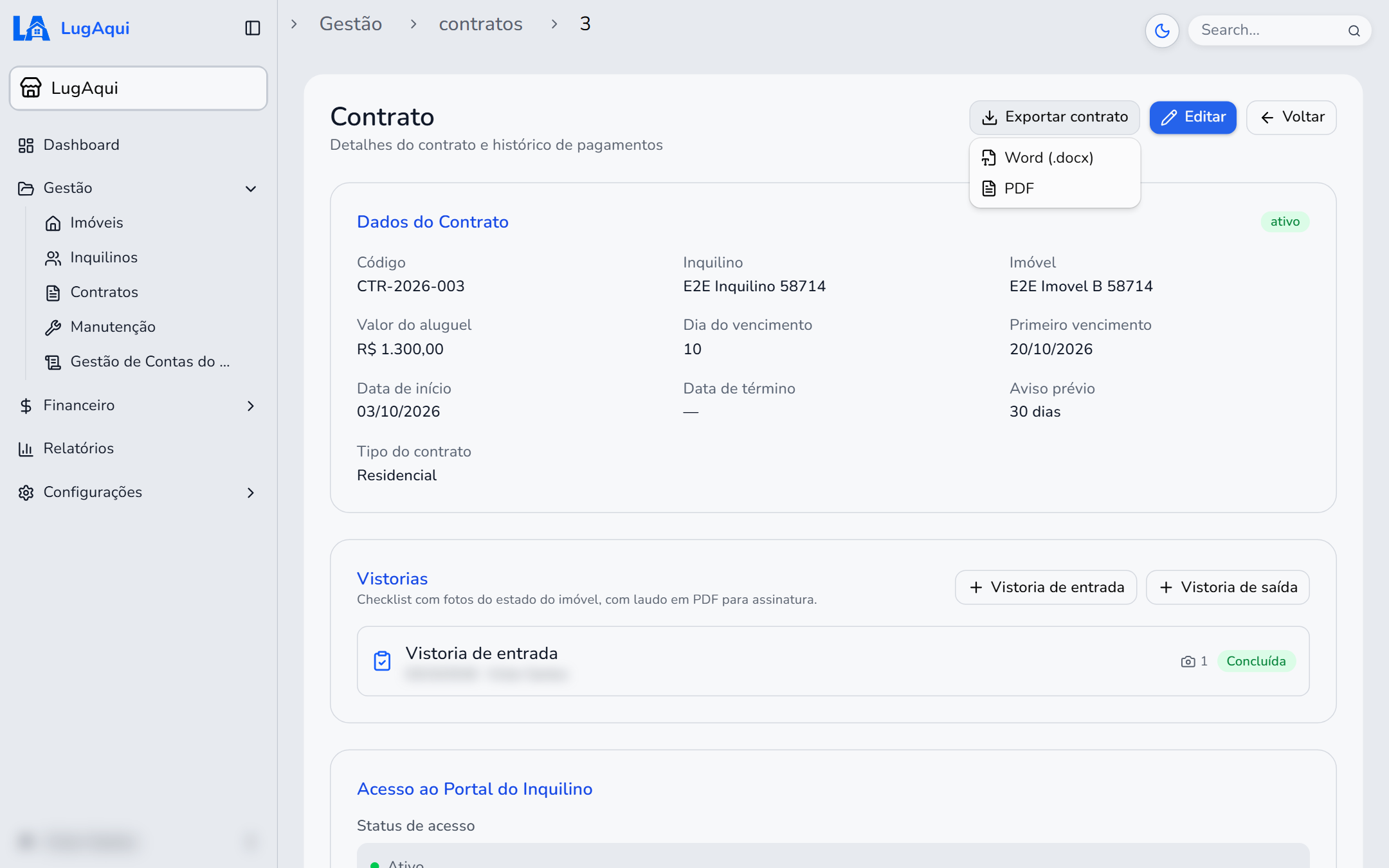 Tela de um contrato no LugAqui com o menu Exportar contrato aberto, mostrando as opções Word (.docx) e PDF