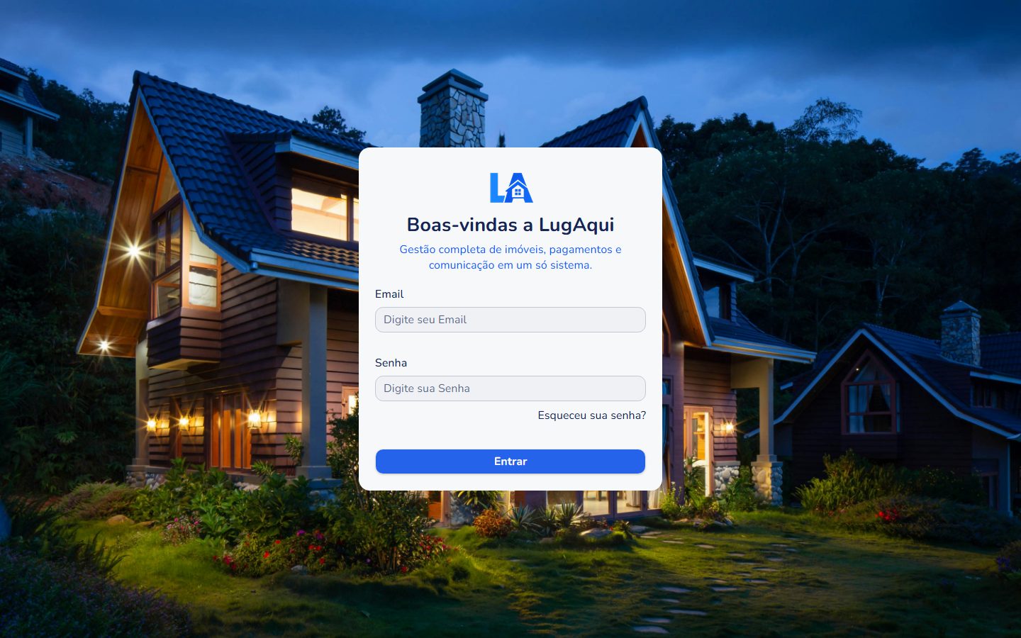 Tela de login do LugAqui, com os campos de e-mail e senha e o link Esqueceu sua senha?