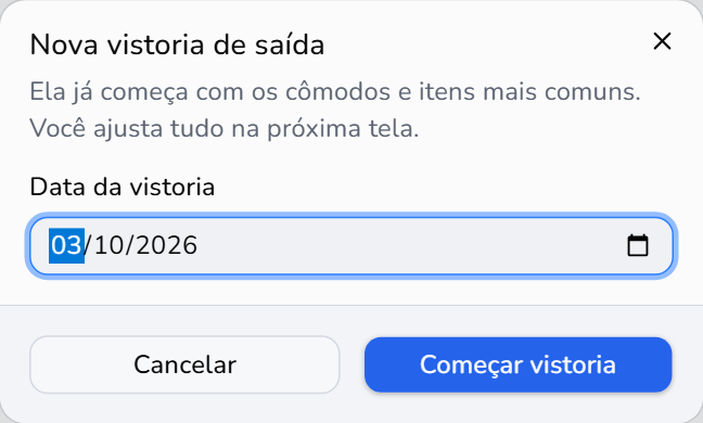Janela Nova vistoria de saída do LugAqui, com a data da vistoria e o botão Começar vistoria