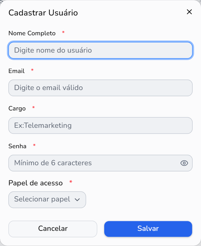 Formulário Cadastrar Usuário do LugAqui, com nome, e-mail, cargo, senha e papel de acesso