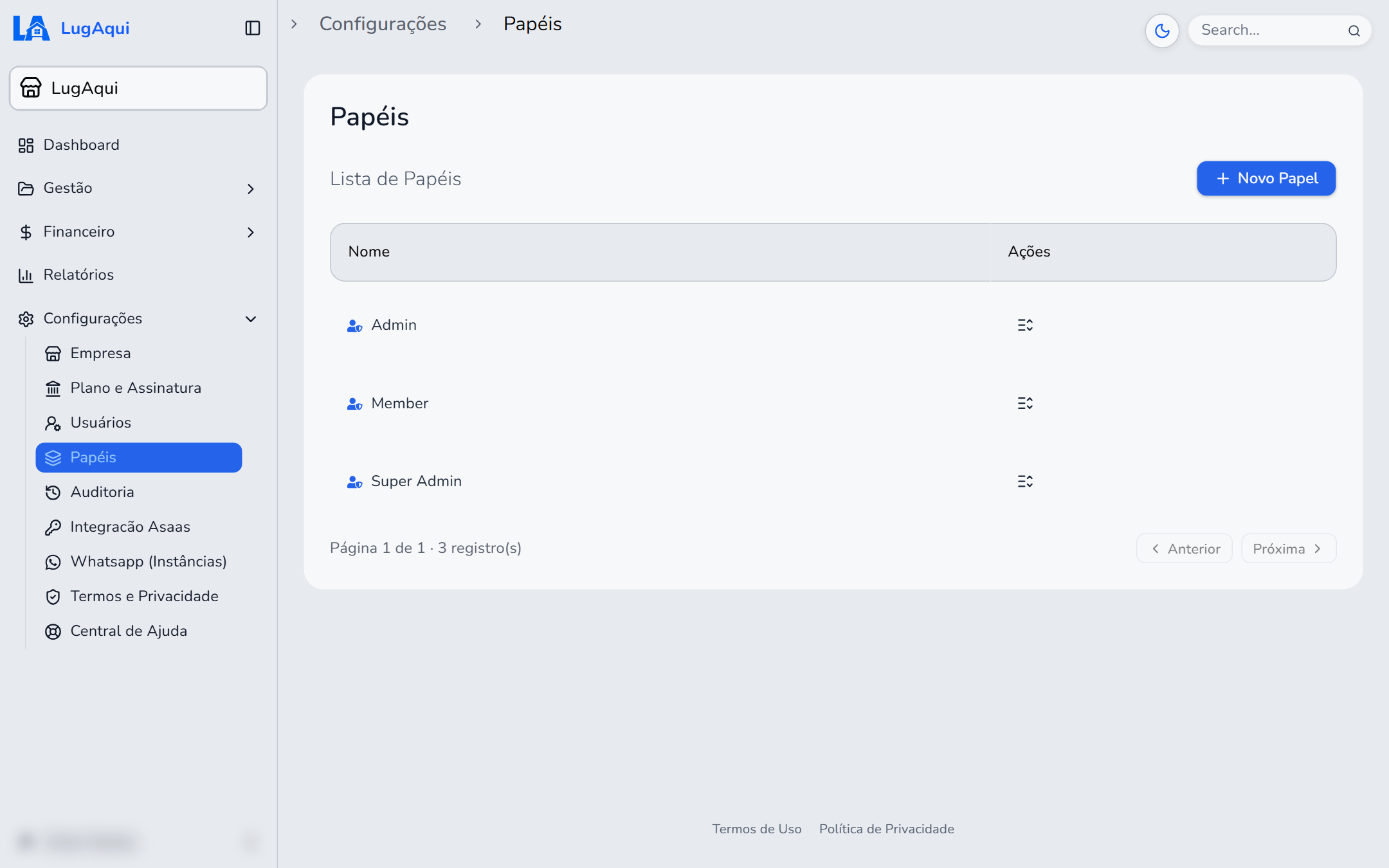 Tela Configurações > Papéis do LugAqui, com os papéis Admin, Member e Super Admin e o botão Novo Papel