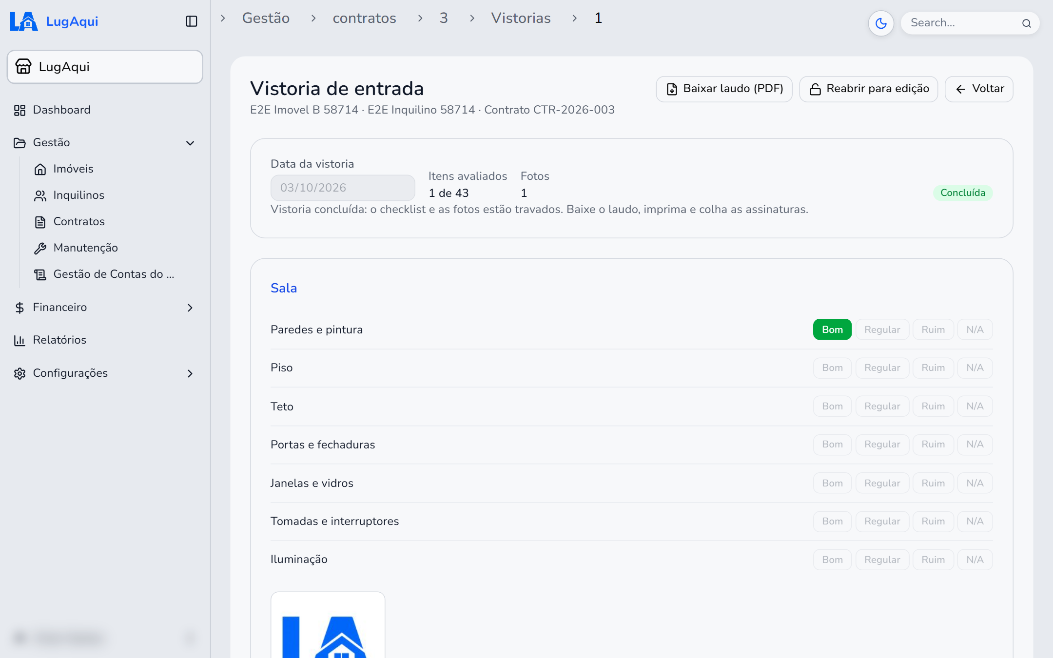 Tela da vistoria de entrada no LugAqui, com o checklist do cômodo Sala e as opções Bom, Regular, Ruim e N/A em cada item