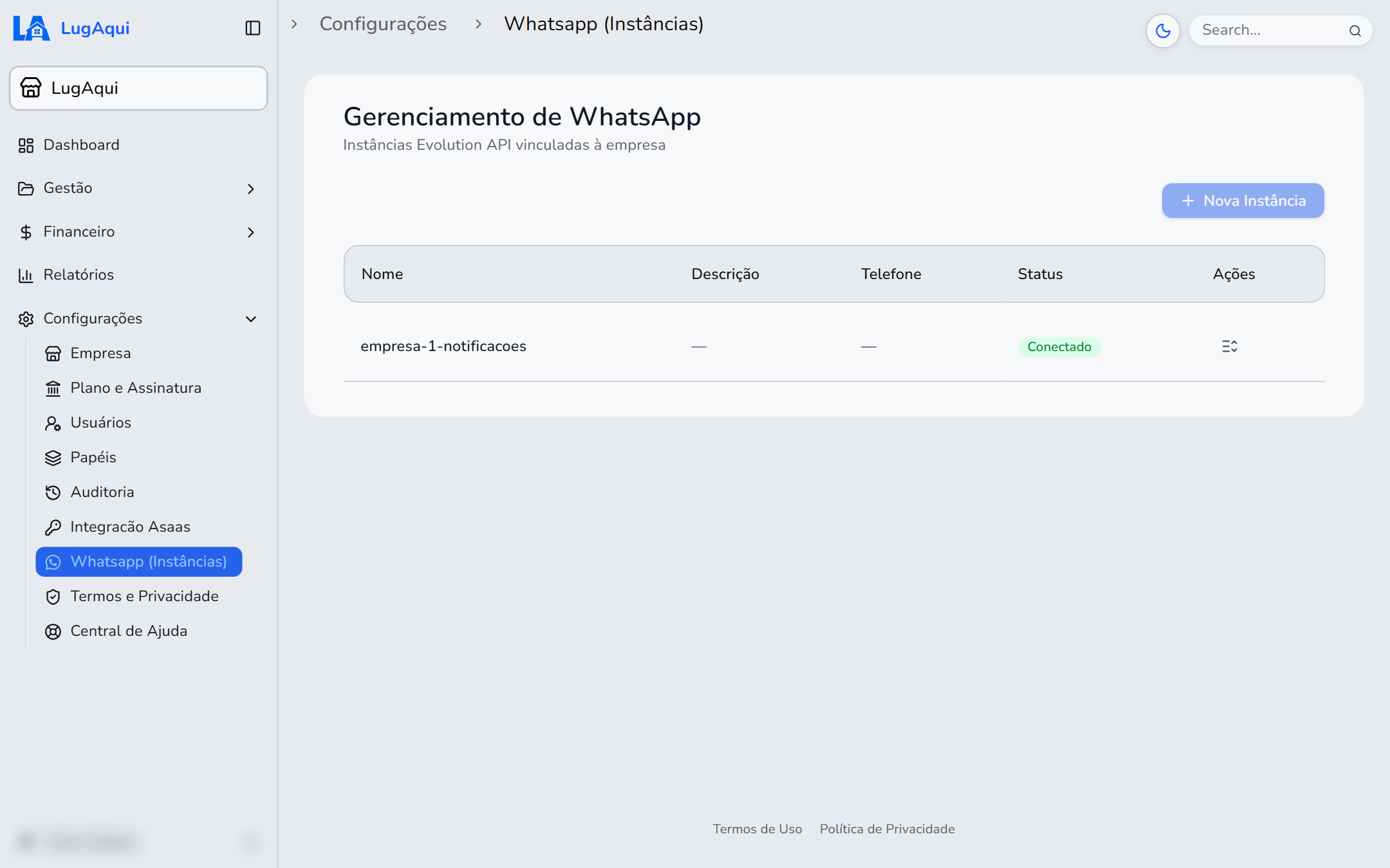 Tela Configurações > Whatsapp (Instâncias) do LugAqui, com o botão Nova Instância e uma instância com status Conectado