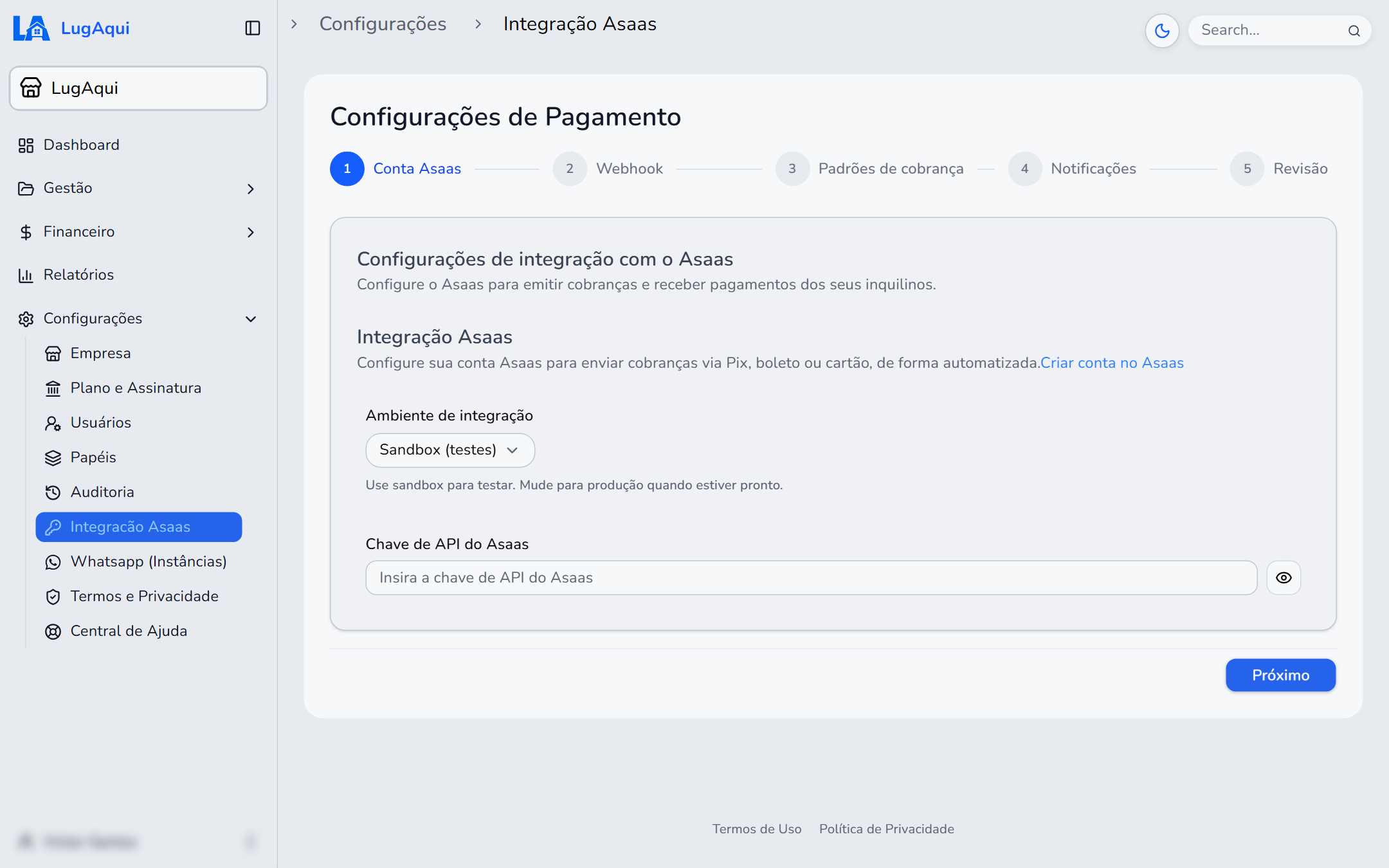 Tela Configurações > Integração Asaas do LugAqui, na etapa Conta Asaas, com o ambiente de integração e o campo Chave de API do Asaas