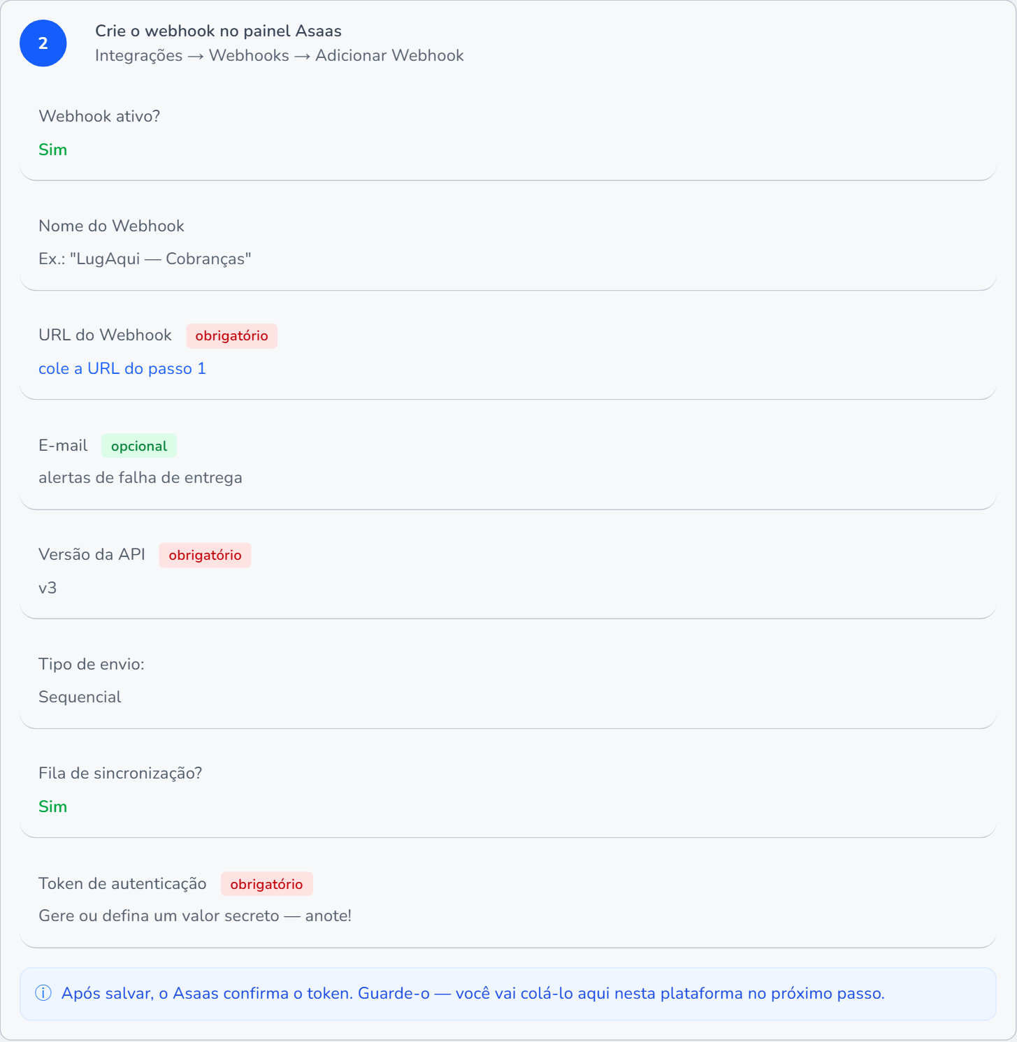 Lista de campos que o LugAqui indica para criar o webhook no painel do Asaas: ativo, nome, URL, e-mail, versão da API v3, tipo de envio sequencial, fila de sincronização e token de autenticação