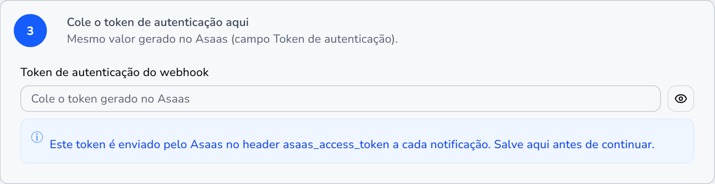 Campo do LugAqui para colar o token de autenticação do webhook gerado no Asaas