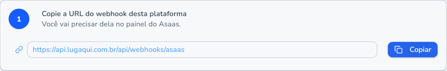 Etapa Webhook do LugAqui mostrando a URL do webhook e o botão Copiar