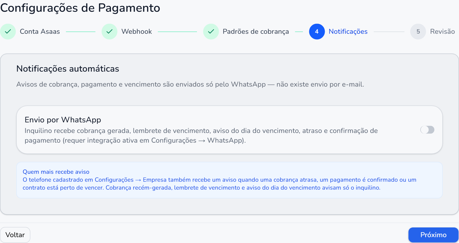 Etapa Notificações do LugAqui, com a opção Envio por WhatsApp