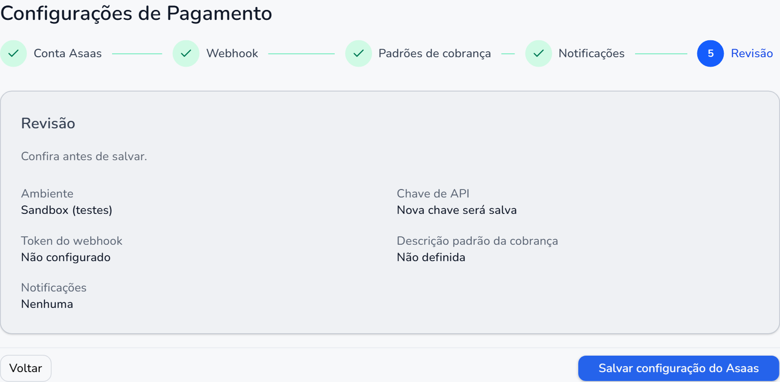 Etapa Revisão do LugAqui, com o resumo da configuração e o botão Salvar configuração do Asaas