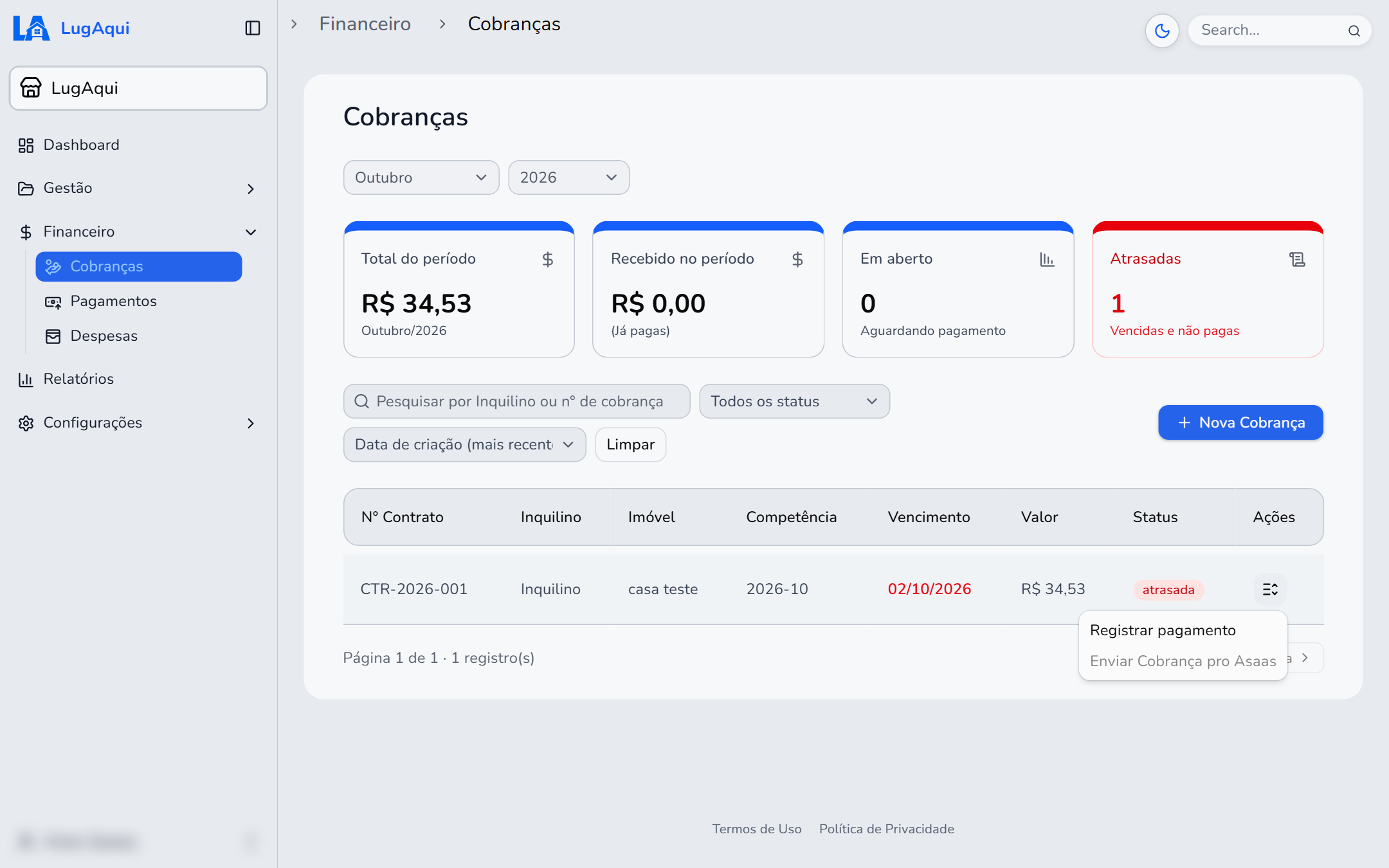 Tela Financeiro > Cobranças do LugAqui com o menu de ações de uma cobrança aberto, mostrando Registrar pagamento e Enviar Cobrança pro Asaas
