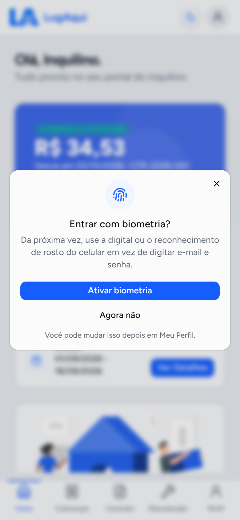 Aviso Entrar com biometria? do Portal do Inquilino, com os botões Ativar biometria e Agora não