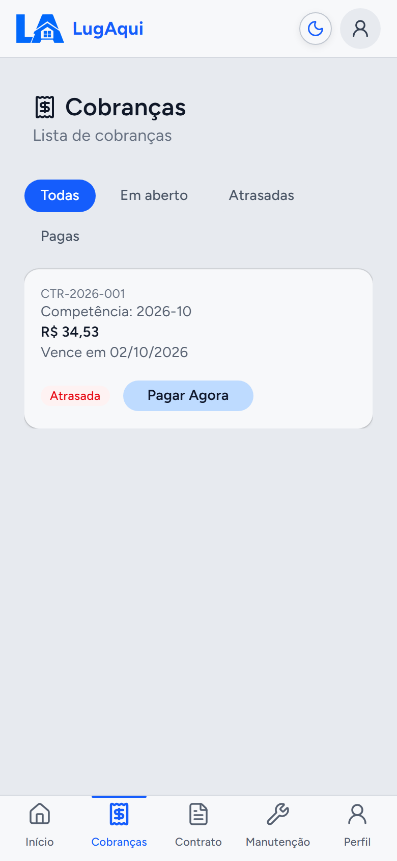 Aba Cobranças do Portal do Inquilino, com filtros por situação e uma cobrança com o botão Pagar Agora