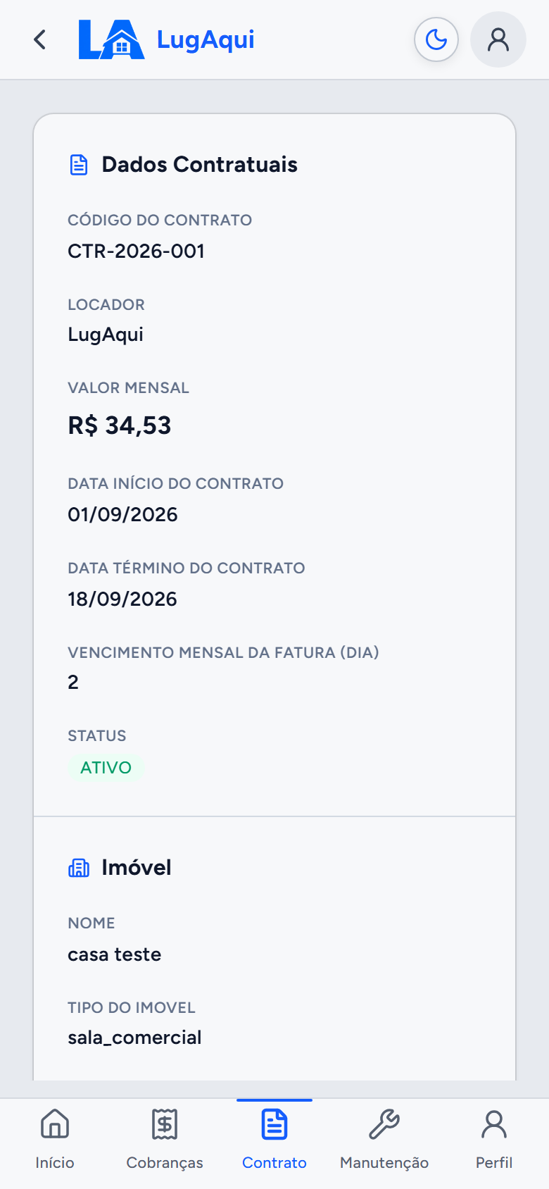 Detalhes do contrato no Portal do Inquilino: código, locador, valor mensal, datas de início e término, dia do vencimento, situação e dados do imóvel