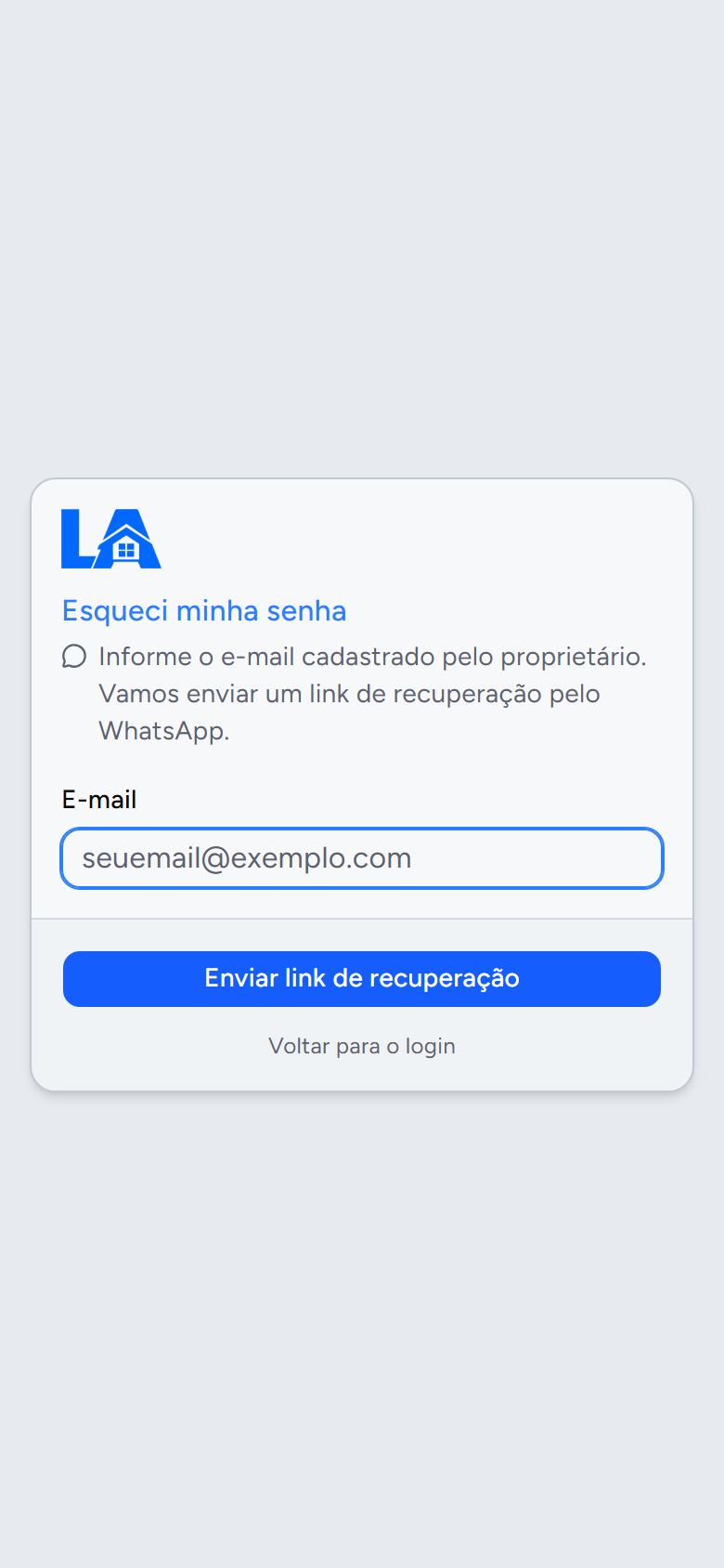 Tela Esqueci minha senha do Portal do Inquilino, com o campo de e-mail e o botão Enviar link de recuperação
