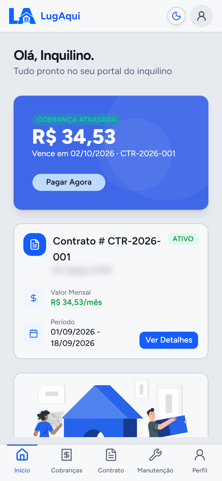 Tela inicial do Portal do Inquilino mostrando a cobrança do mês com o botão Pagar Agora e o resumo do contrato