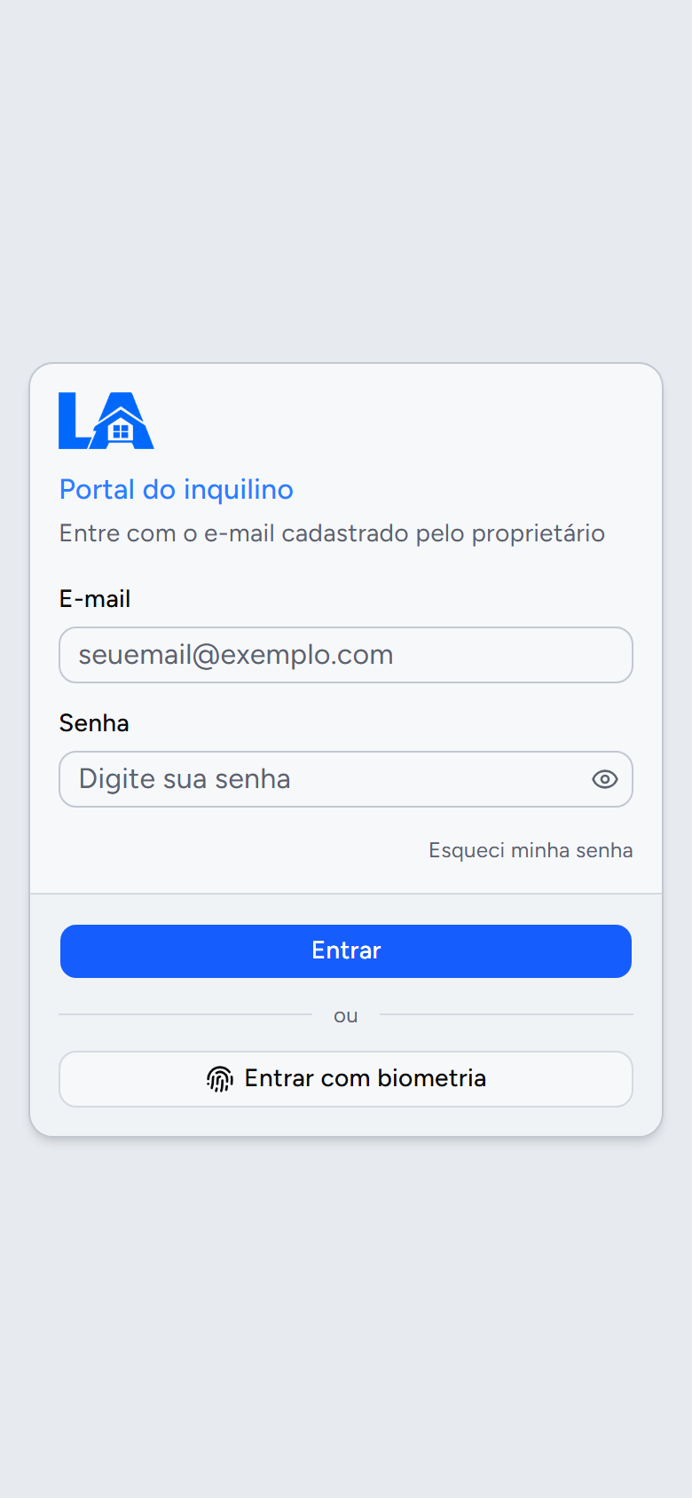 Tela de entrada do Portal do Inquilino do LugAqui, com campos de e-mail e senha, o link Esqueci minha senha e o botão Entrar com biometria