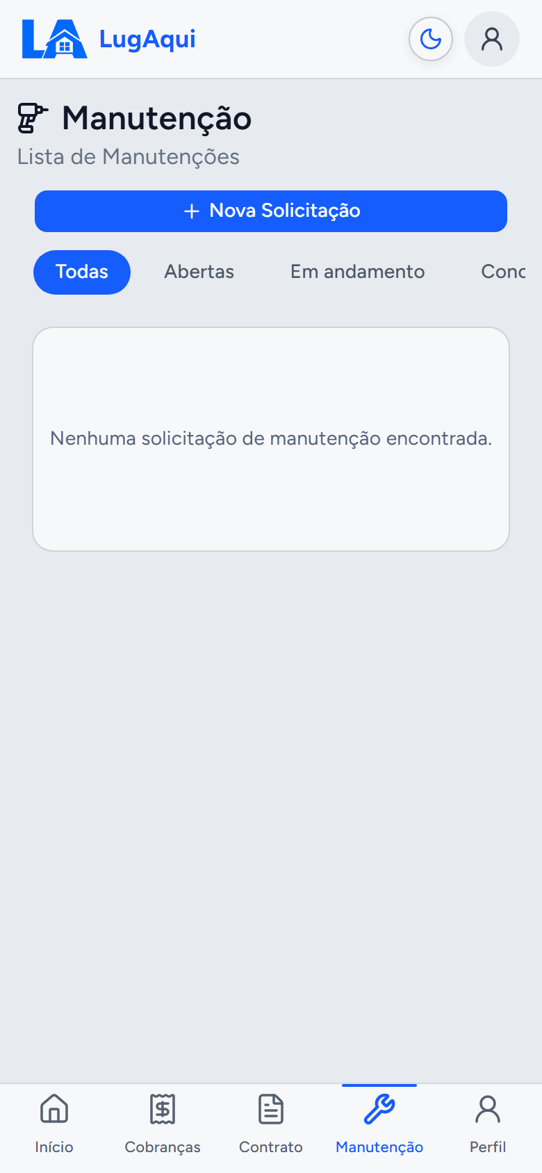Aba Manutenção do Portal do Inquilino, com filtros por situação e o botão Nova Solicitação