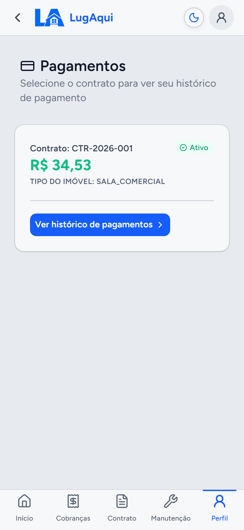 Tela Pagamentos do Portal do Inquilino, com o contrato e o botão Ver histórico de pagamentos