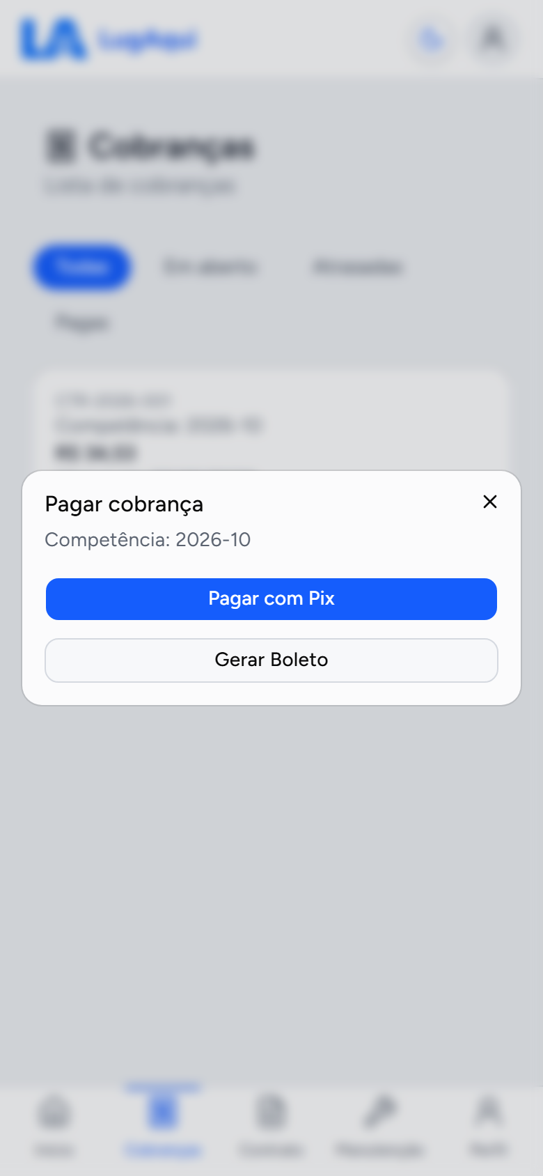 Janela Pagar cobrança do Portal do Inquilino, com as opções Pagar com Pix e Gerar Boleto