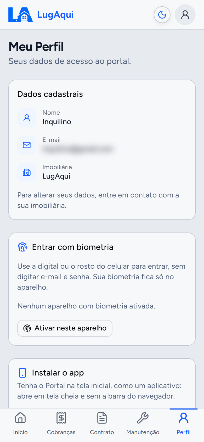 Tela Meu Perfil do Portal do Inquilino, com dados cadastrais, a opção Entrar com biometria e o cartão Instalar o app